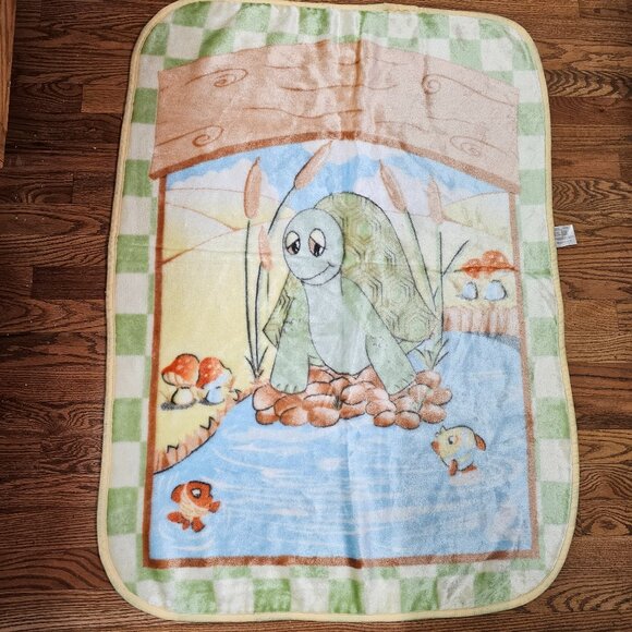 Vintage Rare Novatex Turtle Water Fish Baby Mink Plush Blanket Green Blue - Picture 1 of 16